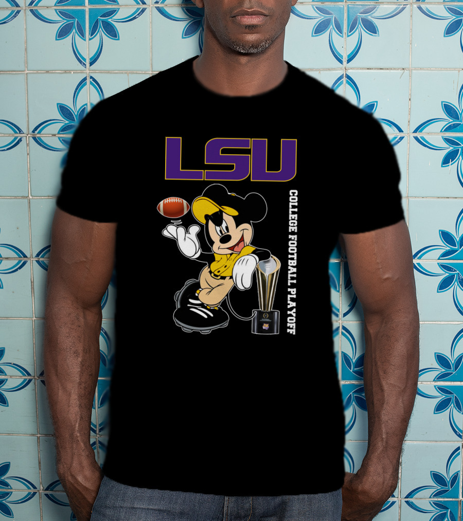 LSU College Football Playoff Mickey Holding Football And Trophy T-Shirt
