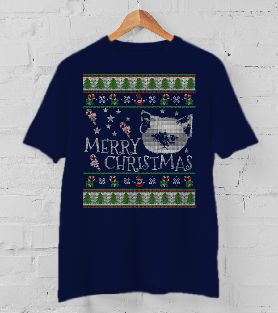 Merry Christmas Cute Persian Kitten Candy Canes Snowflakes Trees T-Shirt