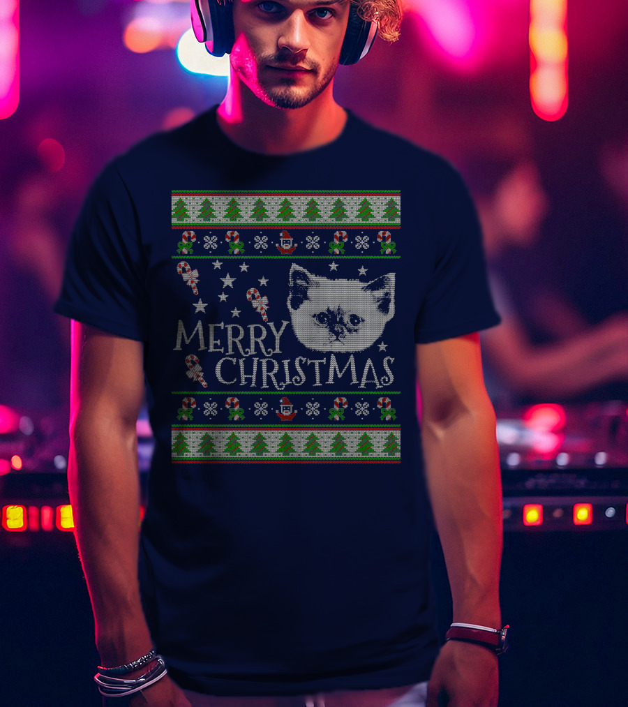 Merry Christmas Cute Persian Kitten Candy Canes Snowflakes Trees T-Shirt