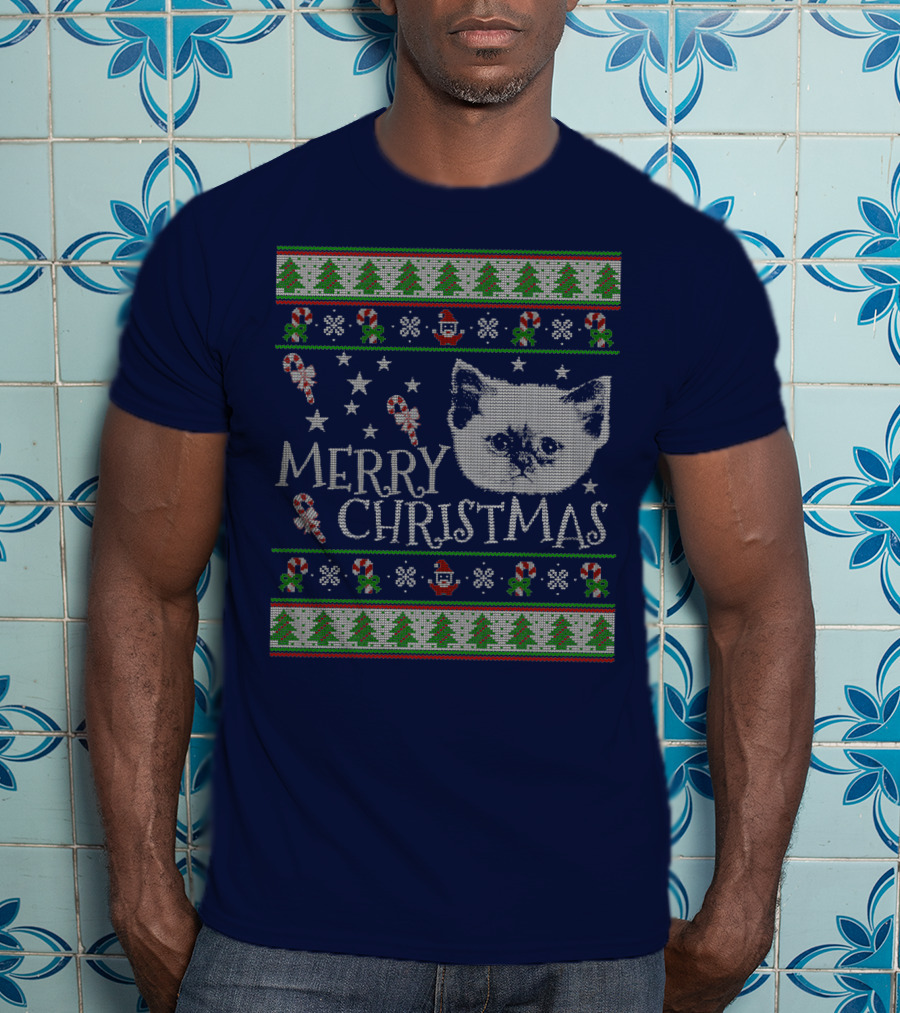 Merry Christmas Cute Persian Kitten Candy Canes Snowflakes Trees T-Shirt