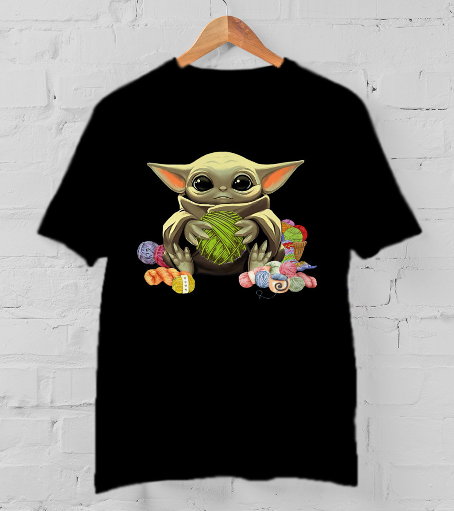 Yoda Baby Holding Yarn Surrounded By Colorful Wool Balls T-Shirt