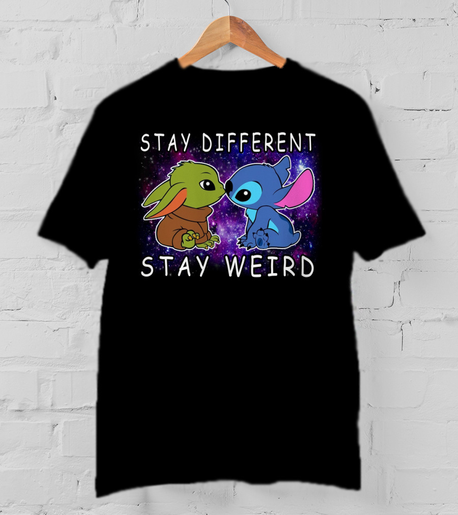 Stay Different Stay Weird Baby Yoda And Stitch Space Background T-Shirt