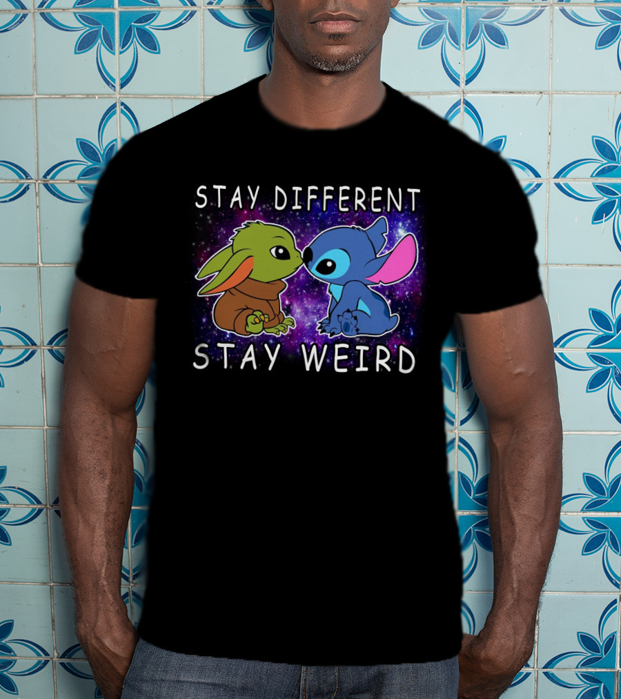 Stay Different Stay Weird Baby Yoda And Stitch Space Background T-Shirt