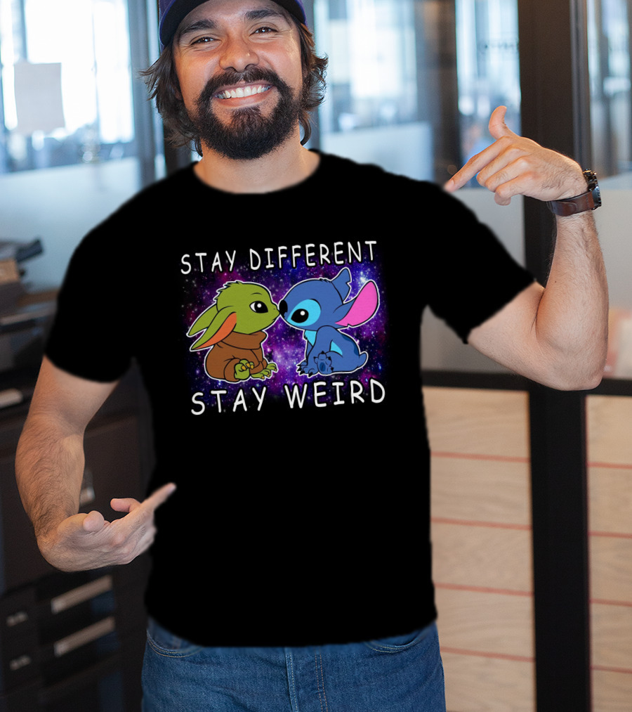 Stay Different Stay Weird Baby Yoda And Stitch Space Background T-Shirt