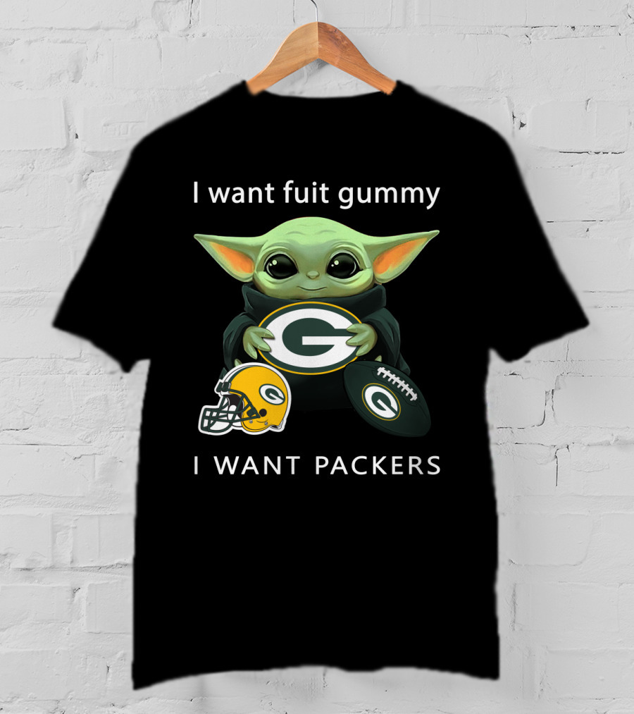I Want Fruit Gummy I Want Packers Green Bay Packers Baby Yoda Helmet Football T-Shirt