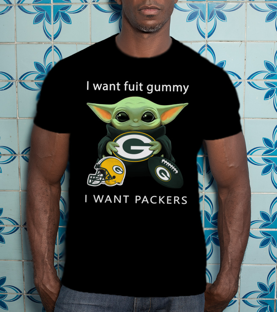 I Want Fruit Gummy I Want Packers Green Bay Packers Baby Yoda Helmet Football T-Shirt