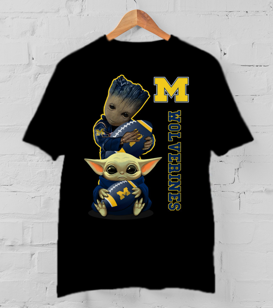 Michigan Wolverines Groot And Baby Yoda Football T-Shirt