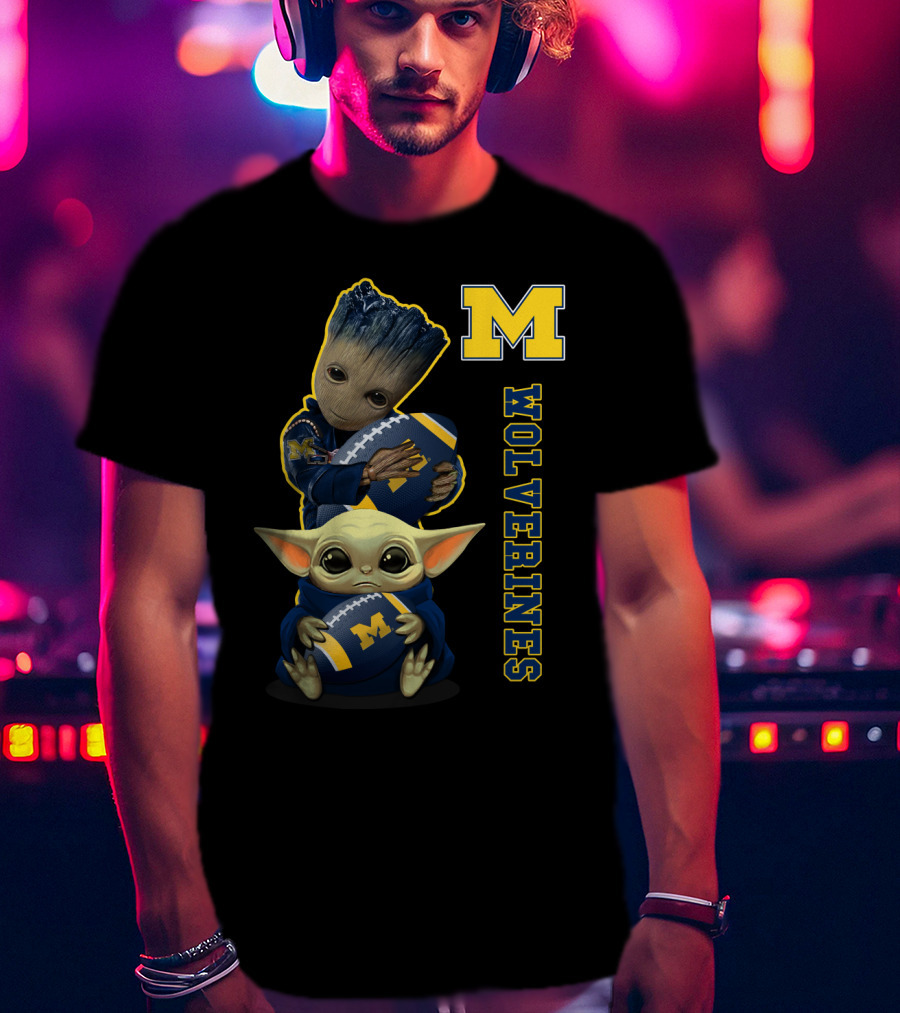 Michigan Wolverines Groot And Baby Yoda Football T-Shirt