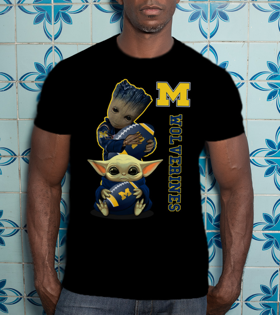 Michigan Wolverines Groot And Baby Yoda Football T-Shirt