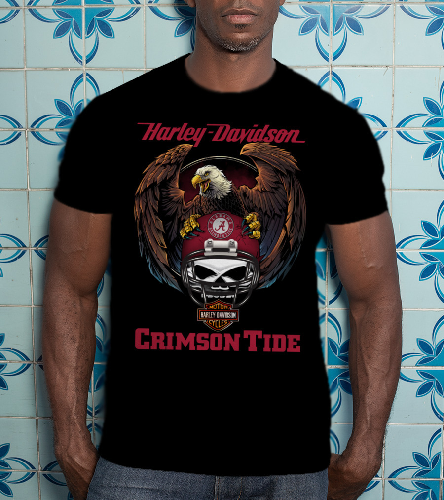 Harley Davidson Crimson Tide Alabama Football Eagle Skull Helmet T-Shirt