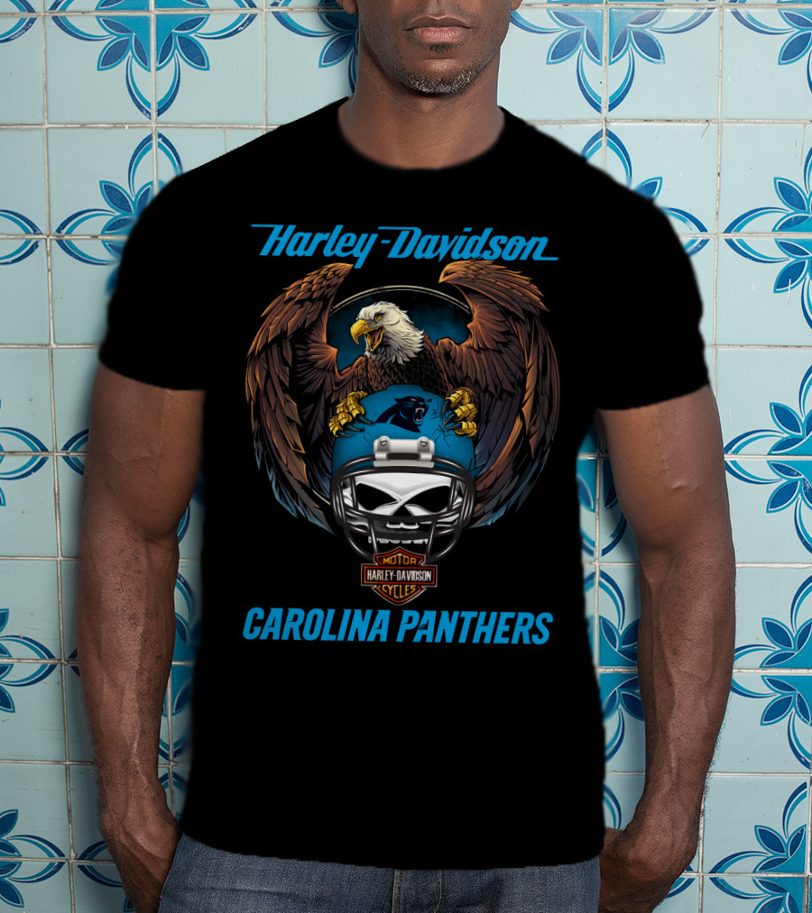 Harley Davidson Carolina Panthers Nfl Motorcycle Helmet Eagle Artwork T-Shirt