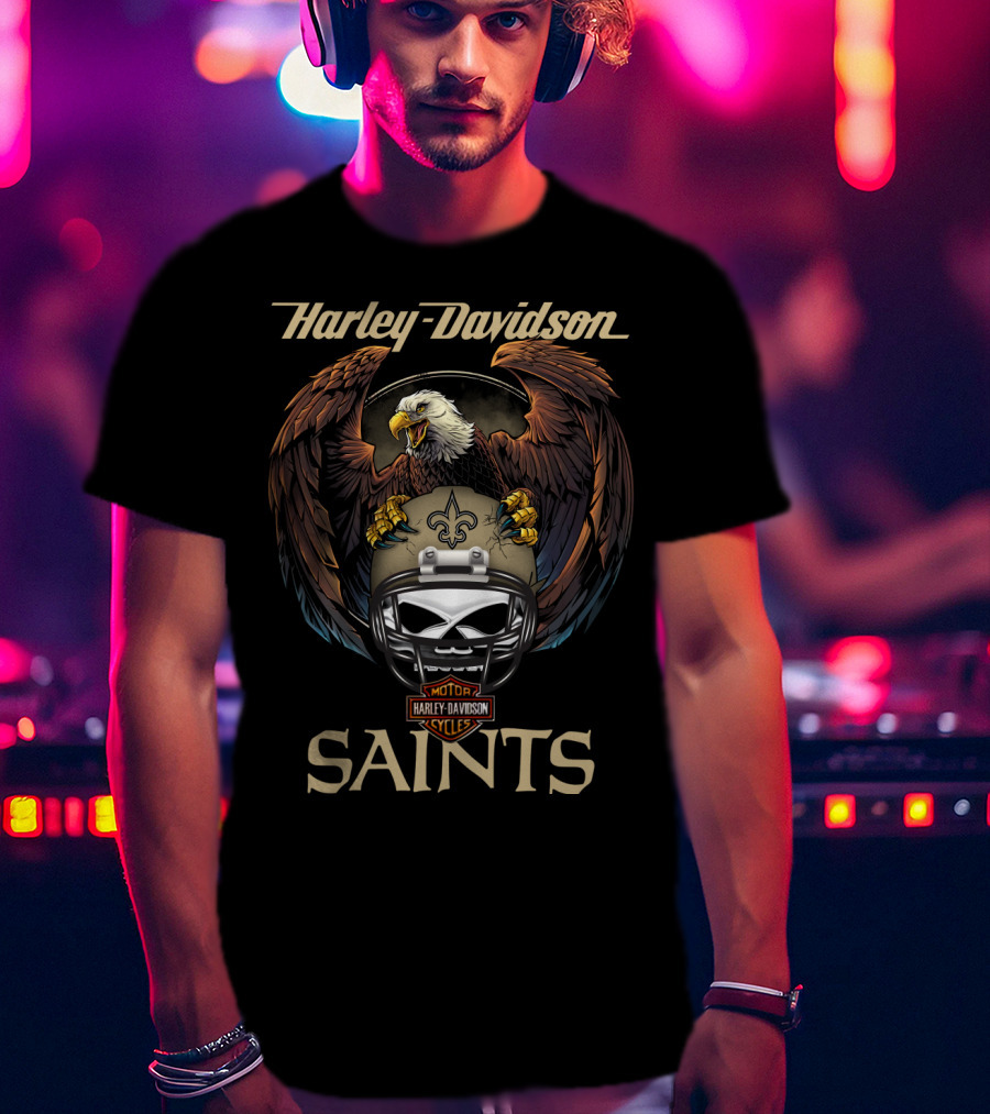 Harley Davidson Saints Eagle Nfl Motor Cycles Fleur-De-Lis Helmet T-Shirt