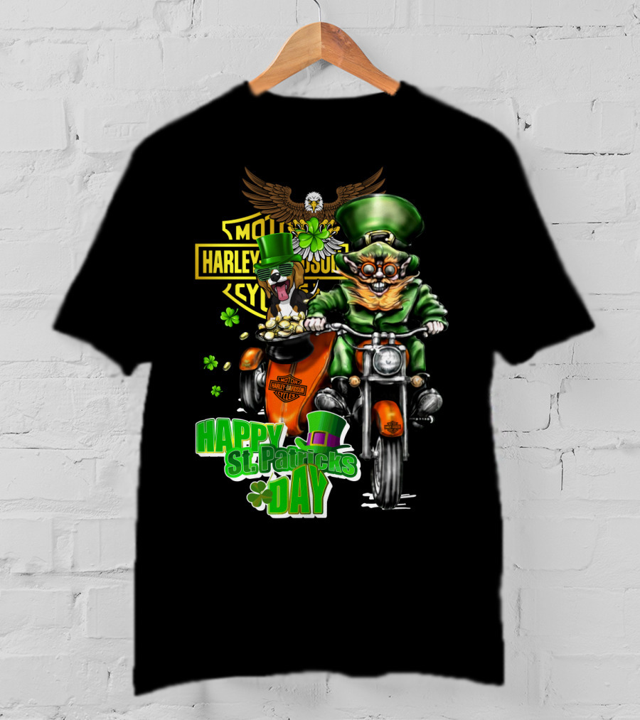 Harley Davidson Beagle And Leprechaun Motorcycle Ride Happy St. Patrick's Day T-Shirt