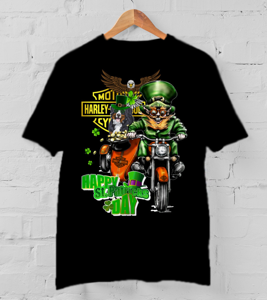 Happy St. Patrick's Day Harley Davidson Leprechaun And Bernese Mountain Dog Ride T-Shirt