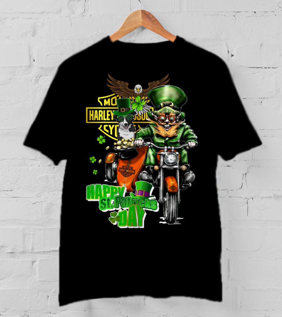 Happy St. Patrick's Day Harley Davidson Border Collie Motorcycle Riding T-Shirt
