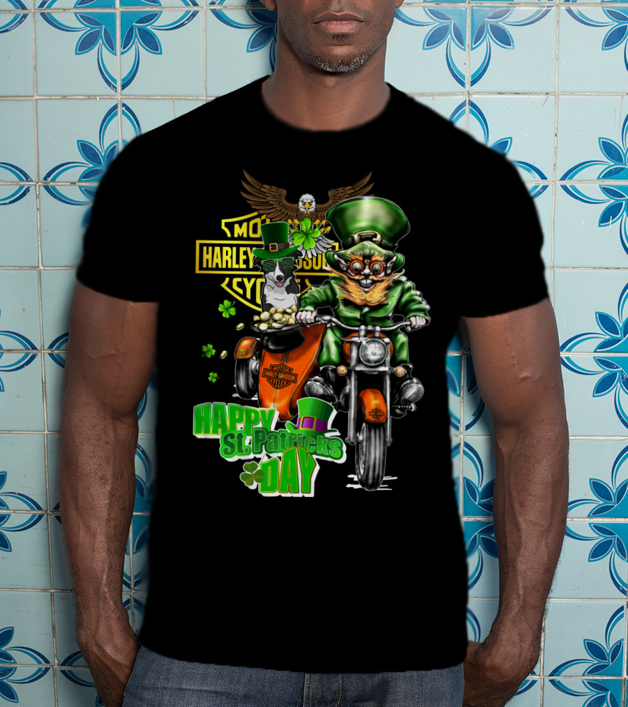 Happy St. Patrick's Day Harley Davidson Border Collie Motorcycle Riding T-Shirt