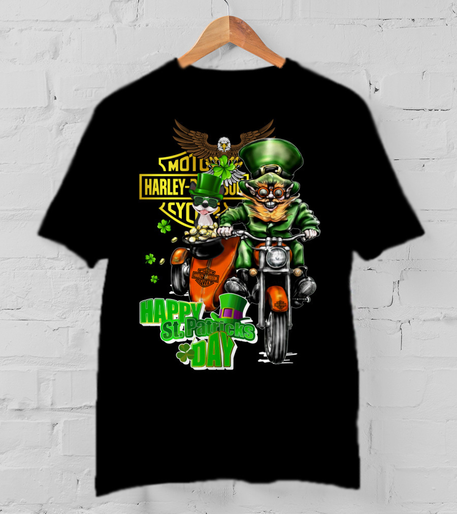Harley Davidson St. Patrick's Day Boston Terrier Leprechaun Motorcycle T-Shirt