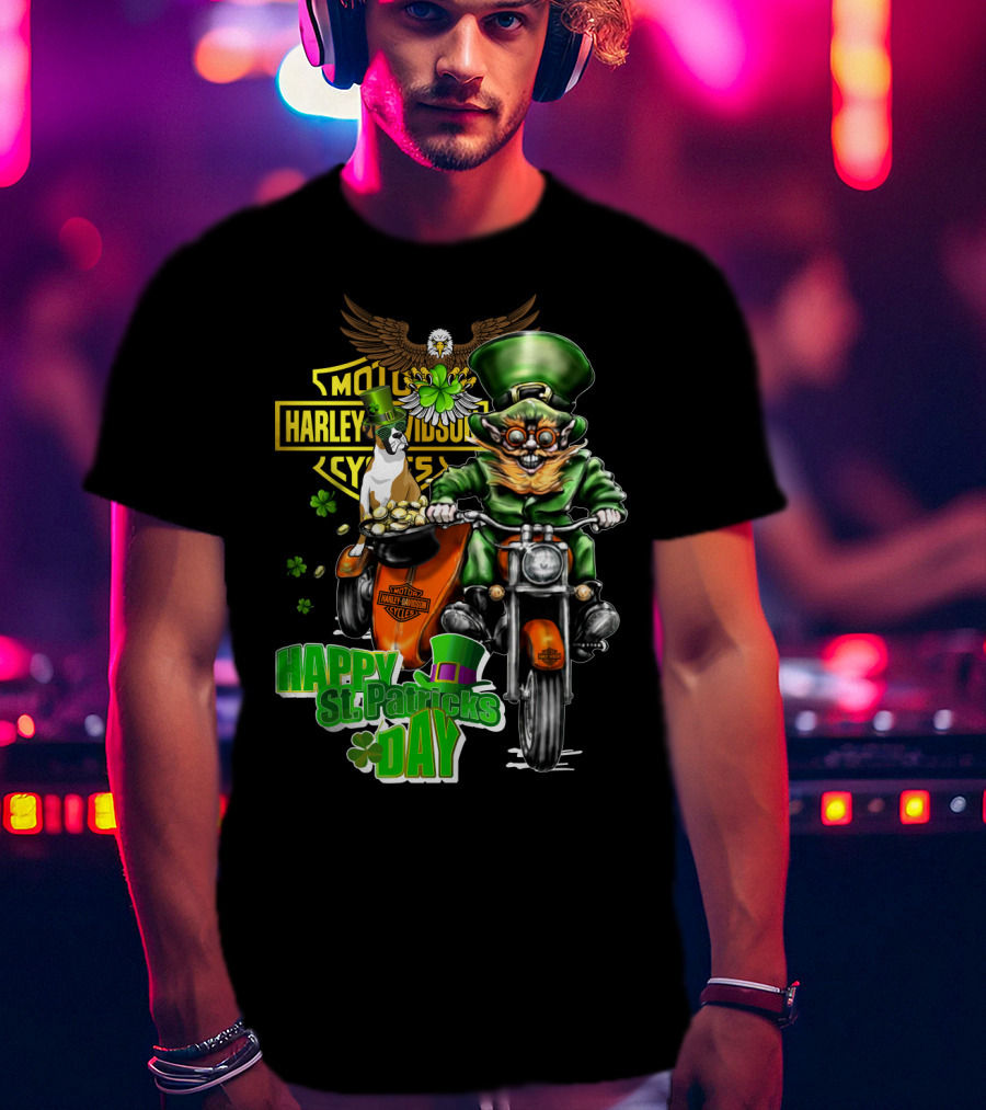 Happy St. Patricks Day Harley Davidson Motorcycles Cycle Riding Leprechaun And Boxer T-Shirt