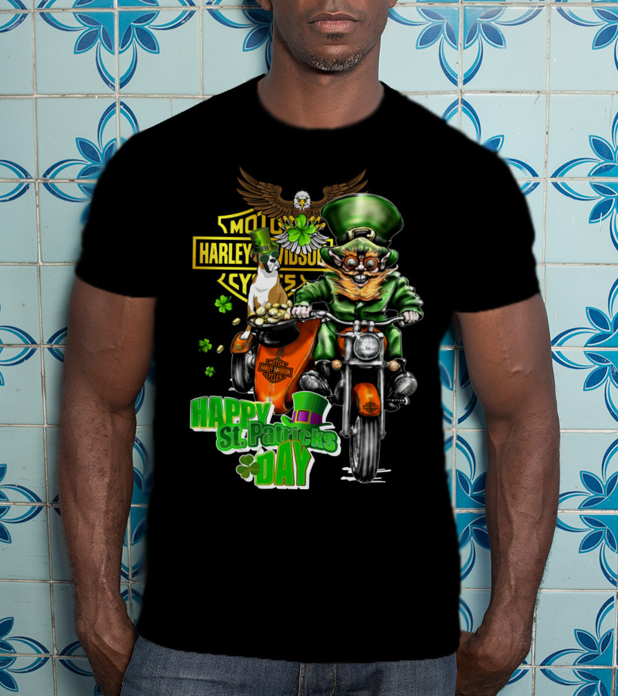 Happy St. Patricks Day Harley Davidson Motorcycles Cycle Riding Leprechaun And Boxer T-Shirt