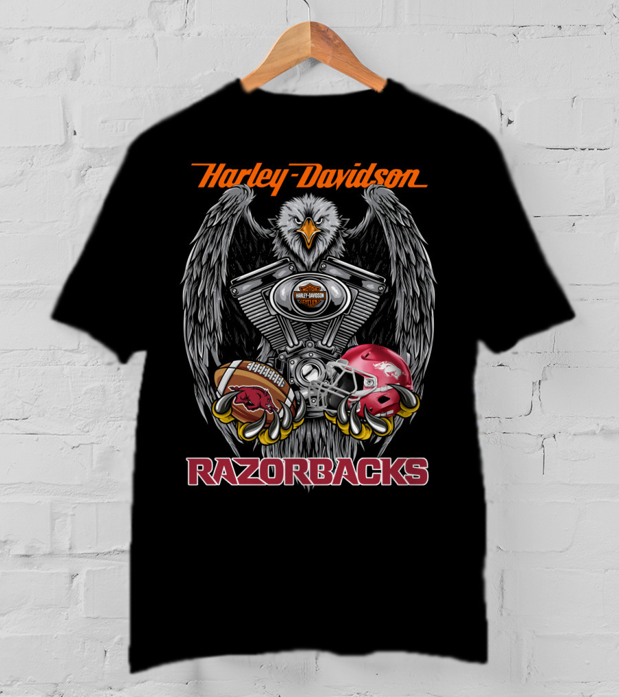 Harley Davidson Razorbacks Ncaa Football Helmet And Eagle Engine T-Shirt