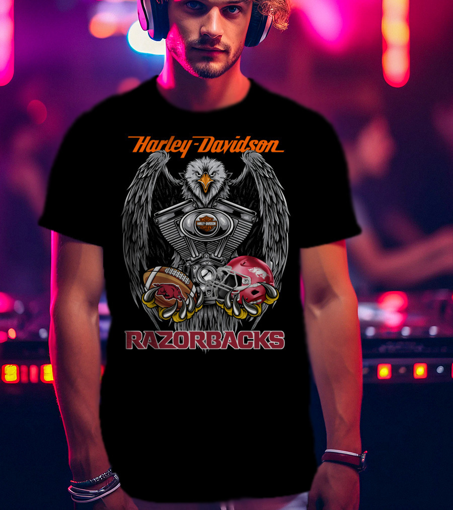 Harley Davidson Razorbacks Ncaa Football Helmet And Eagle Engine T-Shirt