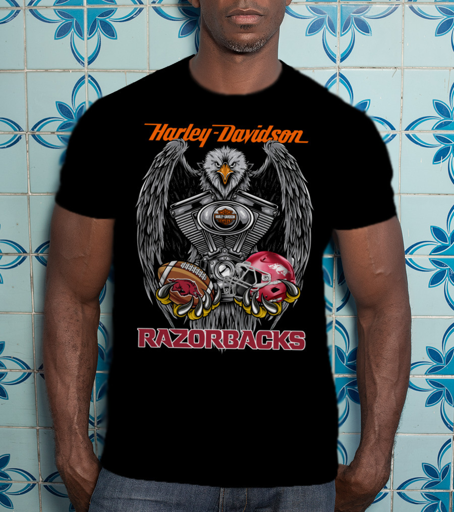 Harley Davidson Razorbacks Ncaa Football Helmet And Eagle Engine T-Shirt