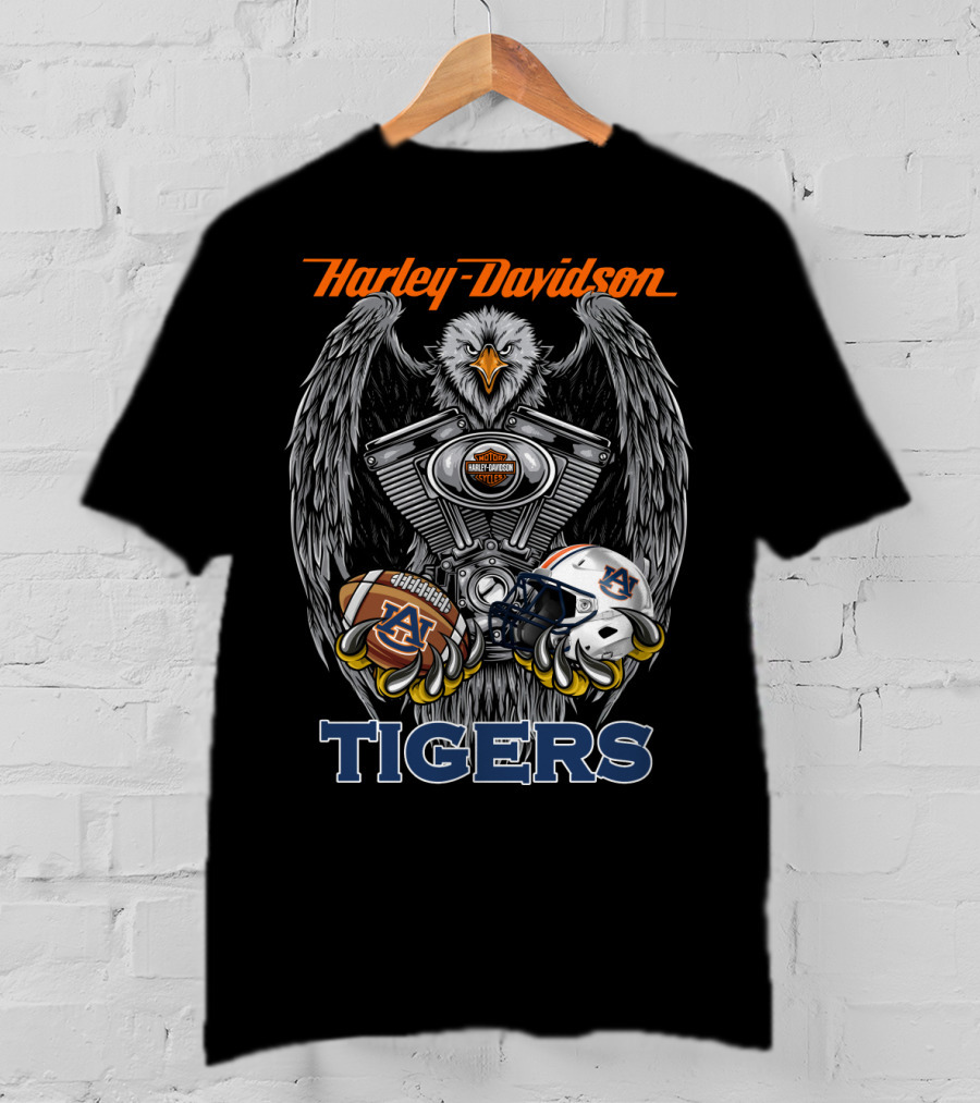 Harley Davidson Auburn Tigers Football Ncaa Helmet And Eagle Engine T-Shirt