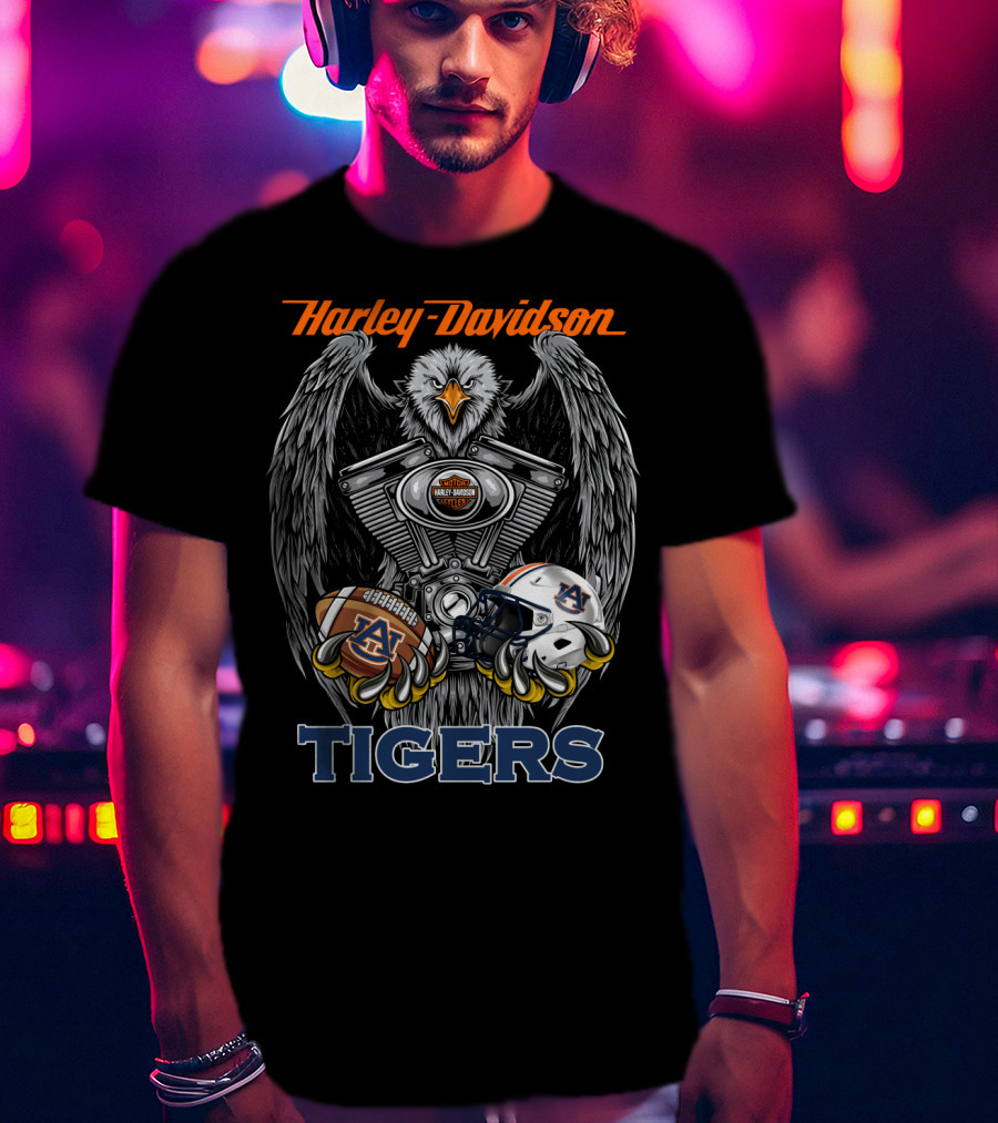 Harley Davidson Auburn Tigers Football Ncaa Helmet And Eagle Engine T-Shirt