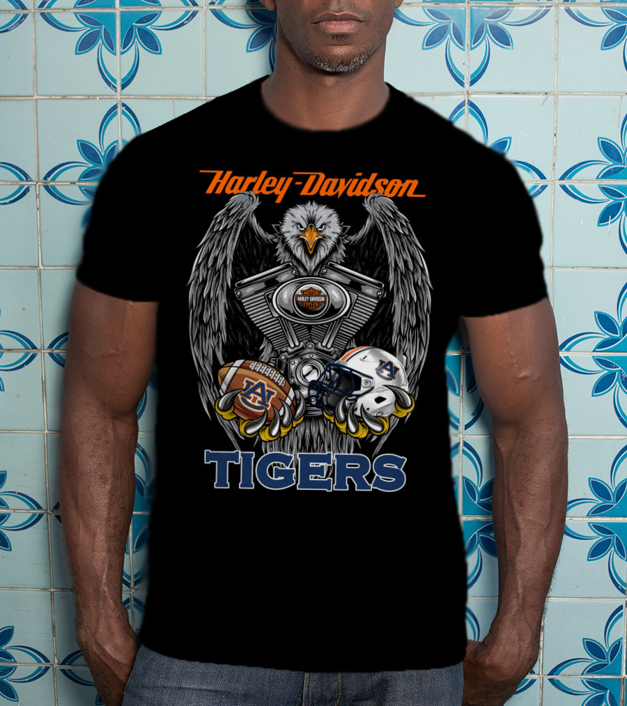 Harley Davidson Auburn Tigers Football Ncaa Helmet And Eagle Engine T-Shirt
