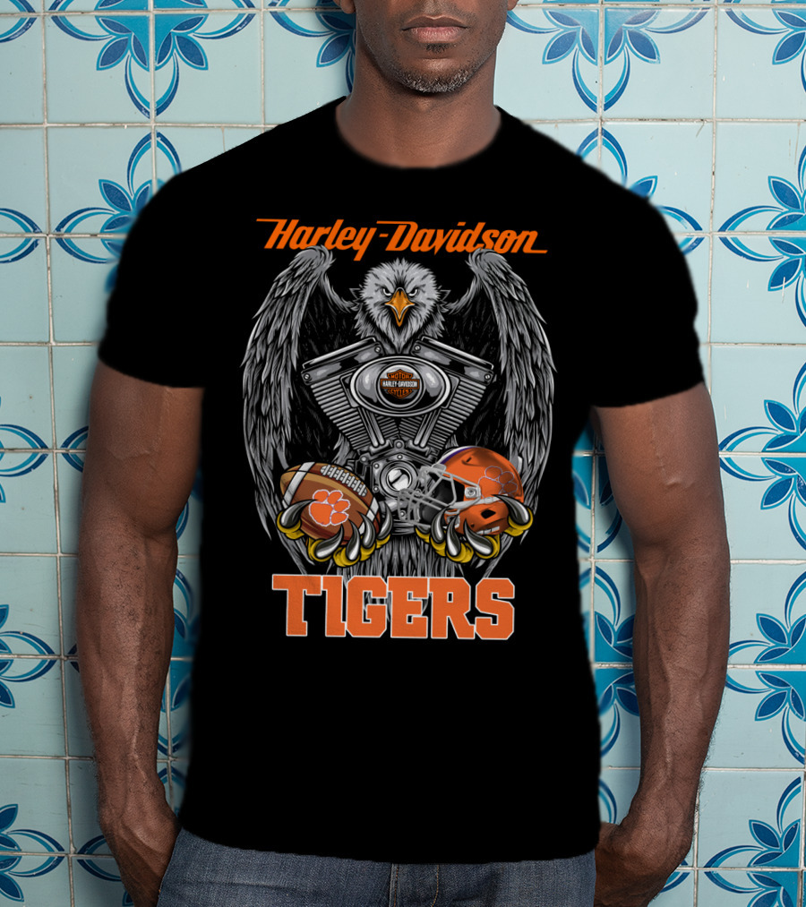Harley Davidson Tigers Football Motorcycle Engine T-Shirt