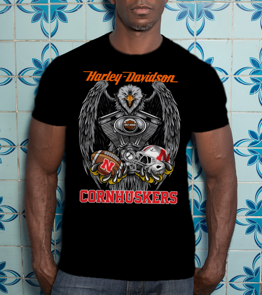 Harley Davidson Cornhuskers Eagle Football Ncaa Helmet Ball T-Shirt