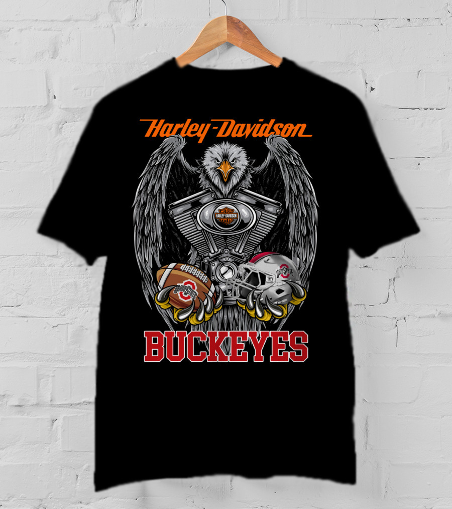 Harley Davidson Buckeyes Eagle Football Helmet And Engine T-Shirt