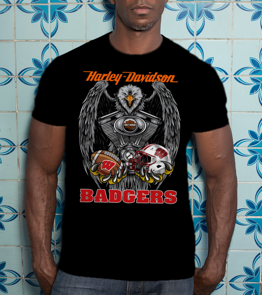 Harley Davidson Badgers Wisconsin Football Ncaa Eagle Engine T-Shirt