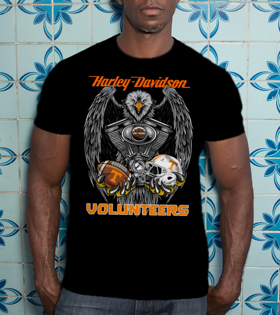 Harley Davidson Volunteers Ncaa Football Tennessee Helmet And Ball Eagle Engine T-Shirt