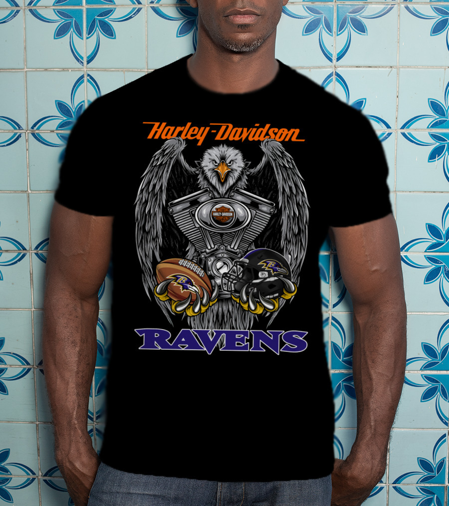 Harley Davidson Ravens V-Twin Engine Baltimore Football Helmet And Ball T-Shirt