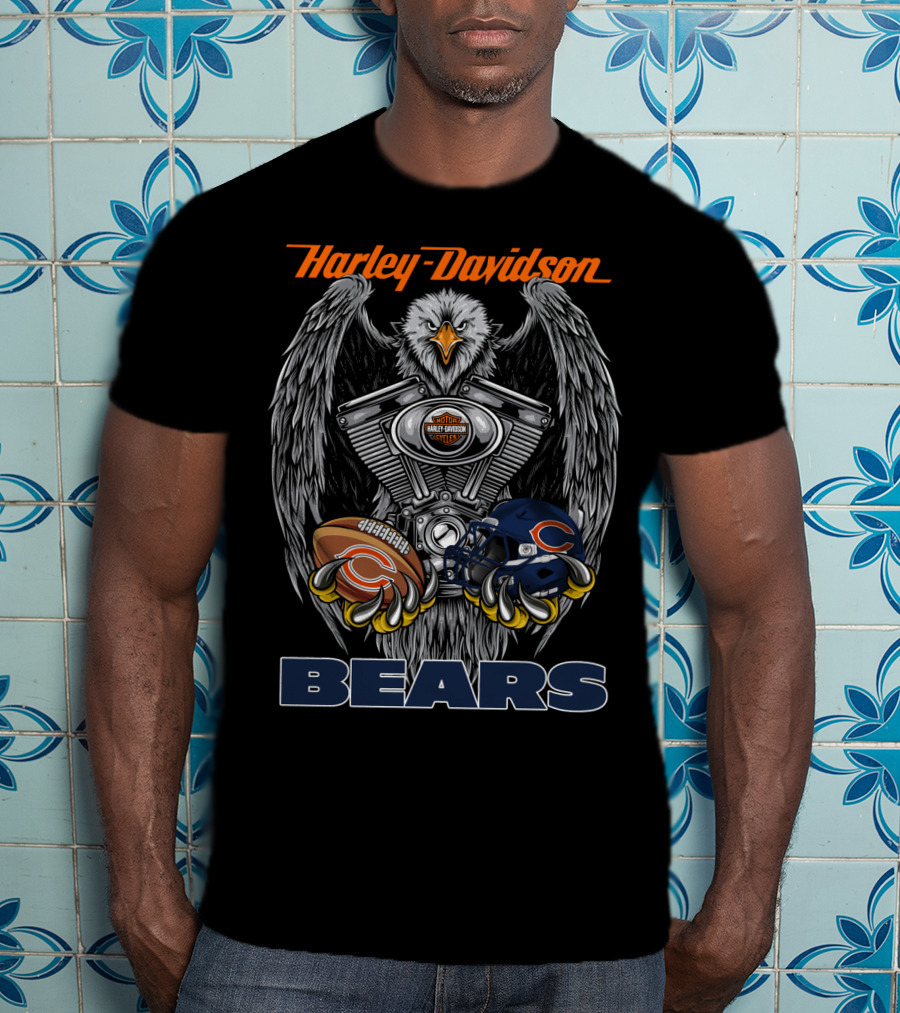 Harley Davidson Bears Football Helmet And Eagle Engine T-Shirt