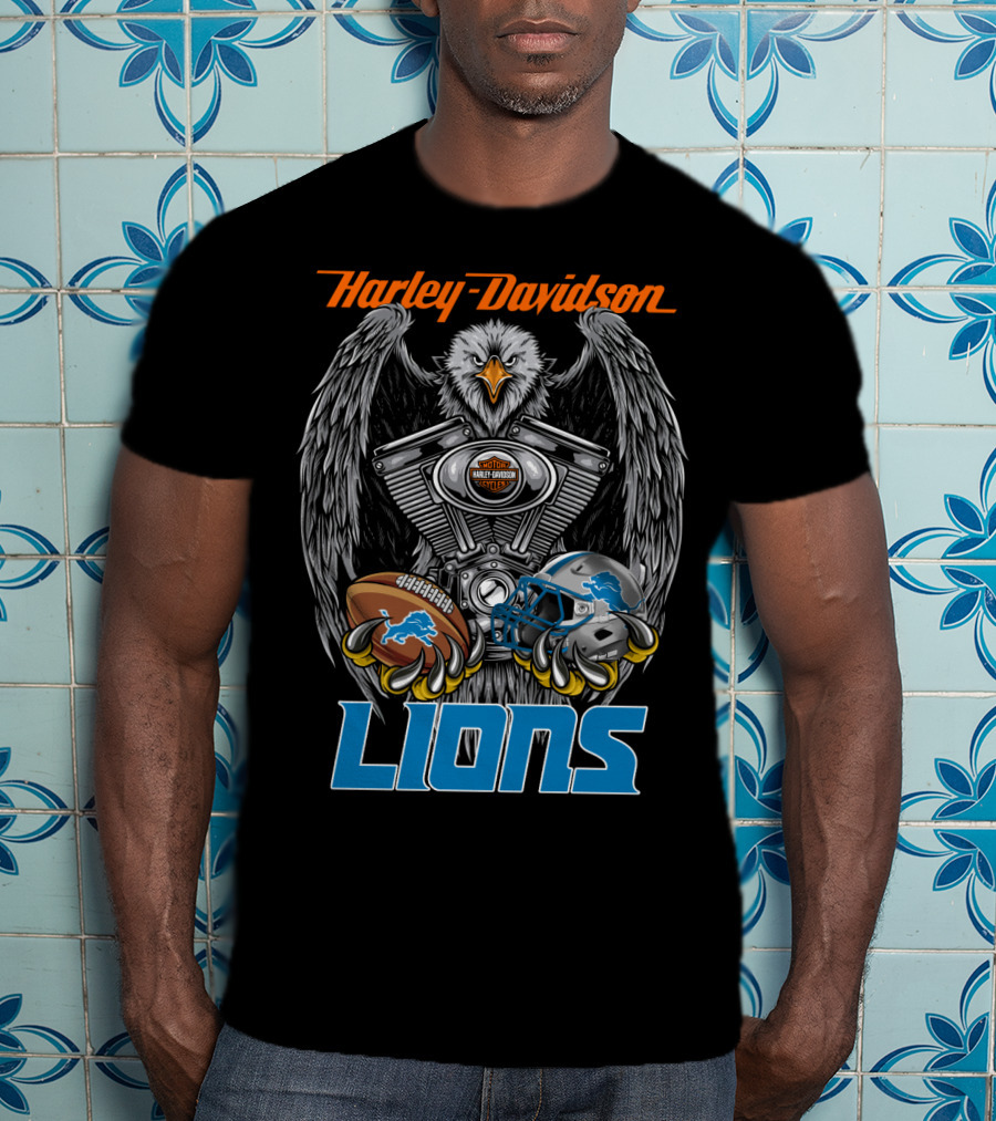 Harley Davidson Detroit Lions Eagle Football Engine T-Shirt