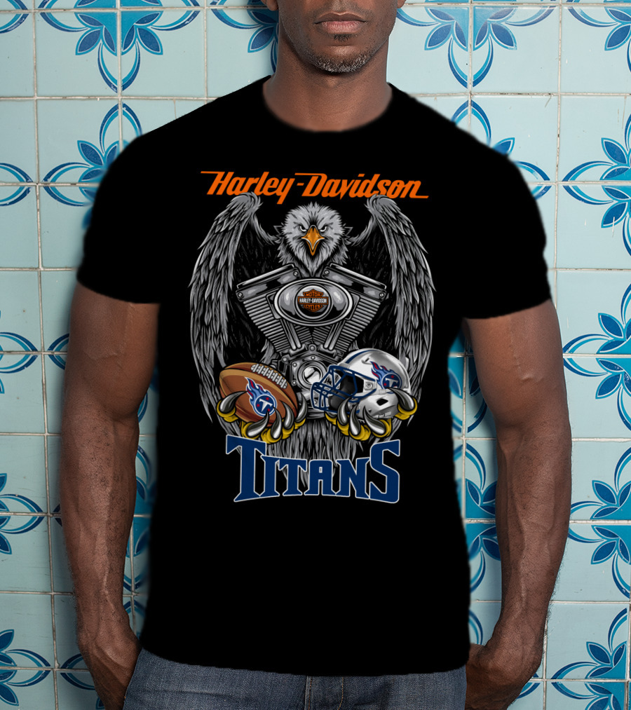 Harley Davidson Titans Nfl Football Helmet And Ball With Eagle And Engine T-Shirt