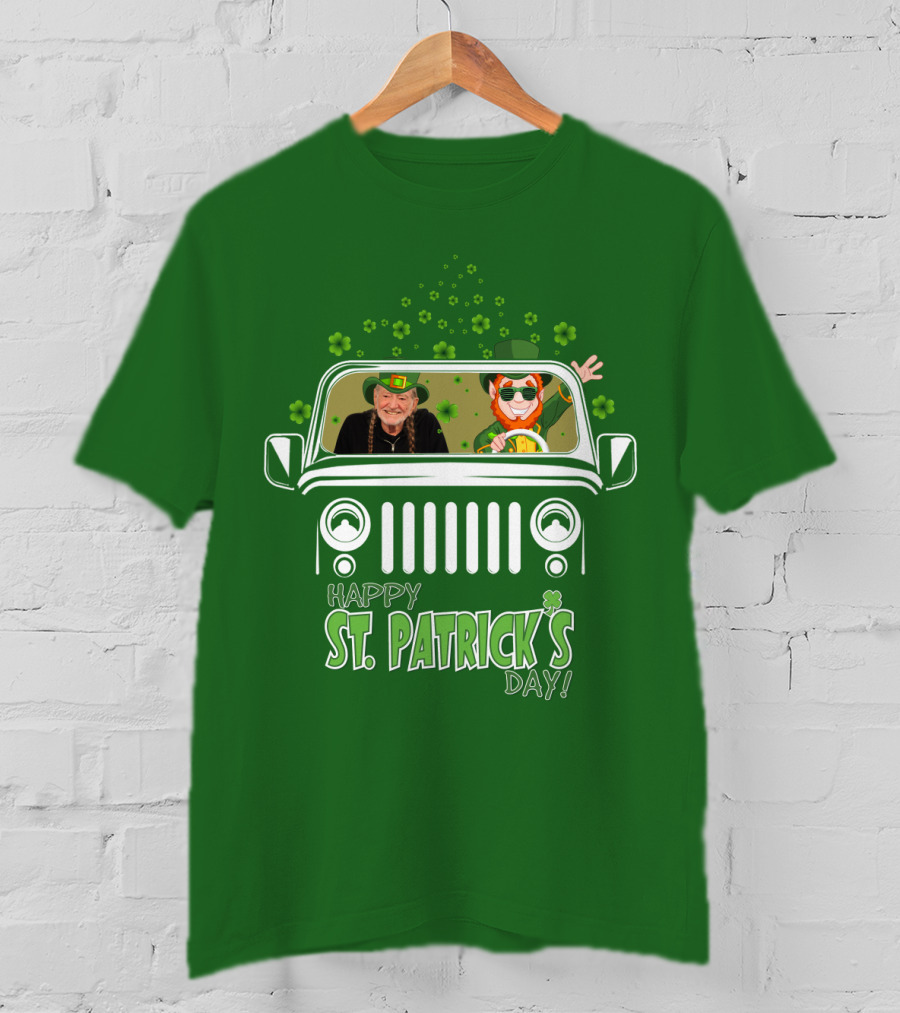 Happy St. Patrick's Day Willie Nelson 51 Jeep With Leprechaun And Clover Themes T-Shirt