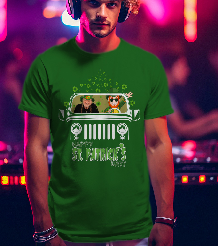Happy St. Patrick's Day Willie Nelson 51 Jeep With Leprechaun And Clover Themes T-Shirt