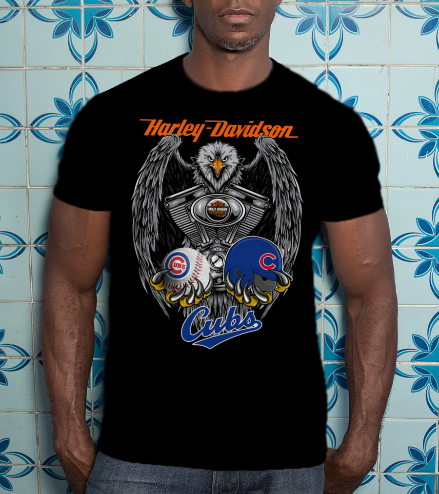 Harley Davidson Cubs Mlb Collaboration Eagle Baseball Helmet Engine T-Shirt