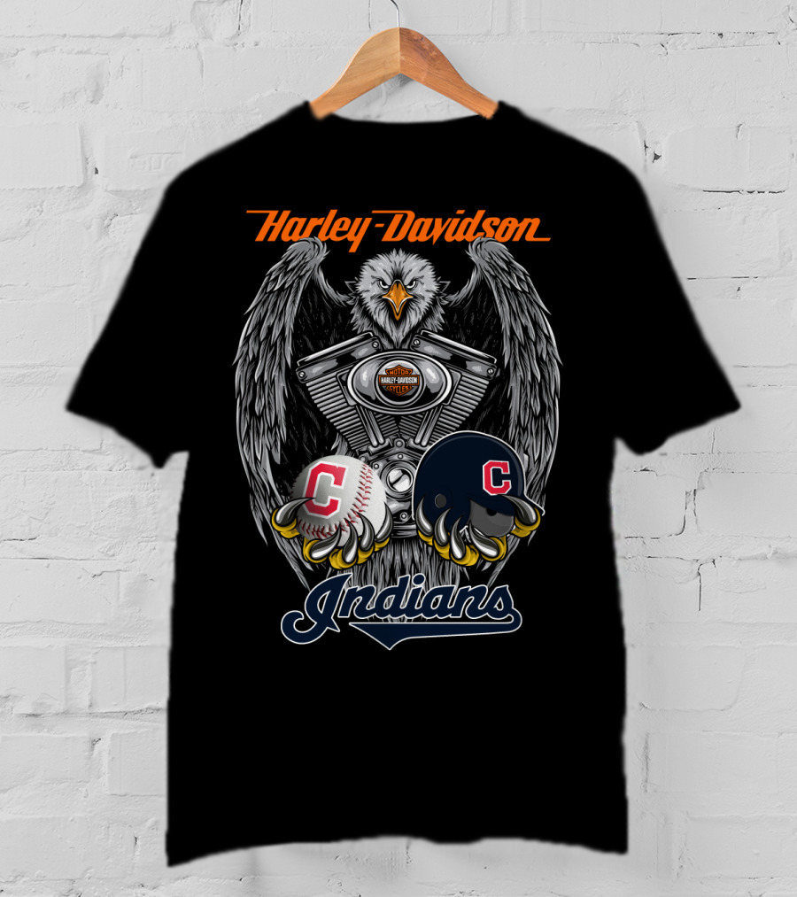 Harley Davidson Cleveland Indians Mlb Baseball Helmet And Engine Eagle T-Shirt