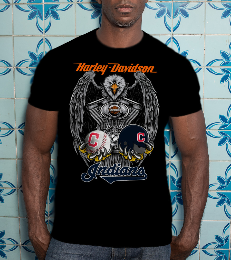 Harley Davidson Cleveland Indians Mlb Baseball Helmet And Engine Eagle T-Shirt