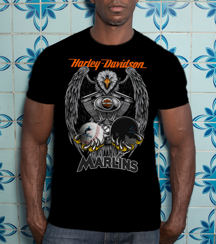 Harley Davidson Eagle Miami Marlins Baseball Helmet T-Shirt