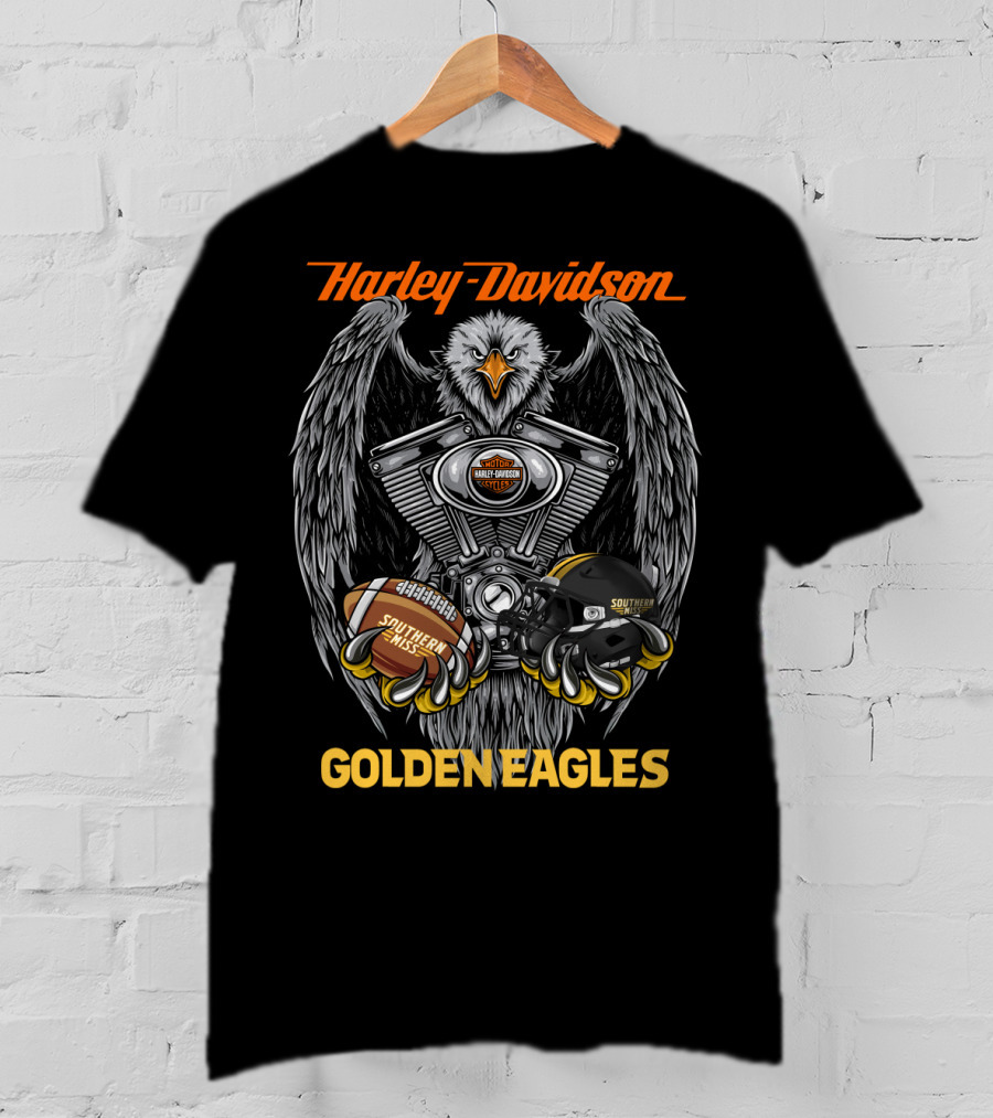 Harley Davidson Southern Miss Golden Eagles Ncaa Football Helmet And Engine T-Shirt