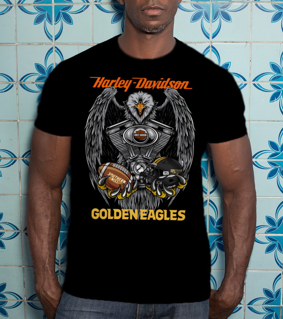 Harley Davidson Southern Miss Golden Eagles Ncaa Football Helmet And Engine T-Shirt