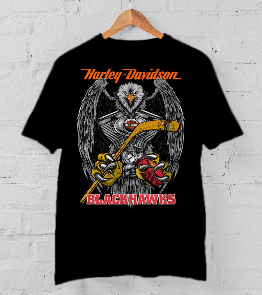 Harley Davidson Blackhawks Engine Eagle Hockey Stick T-Shirt