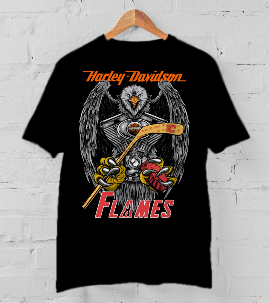 Harley Davidson Flames Nhl Calgary Hockey Eagle Engine T-Shirt