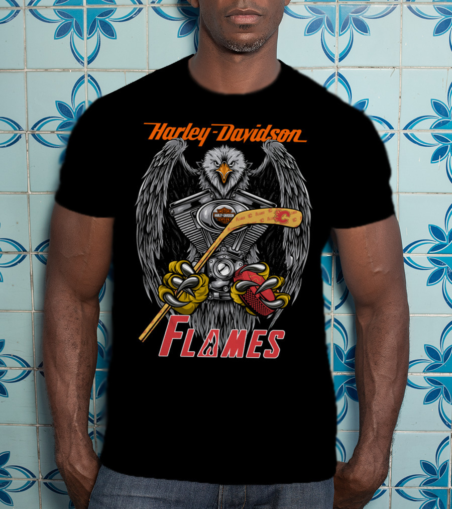 Harley Davidson Flames Nhl Calgary Hockey Eagle Engine T-Shirt