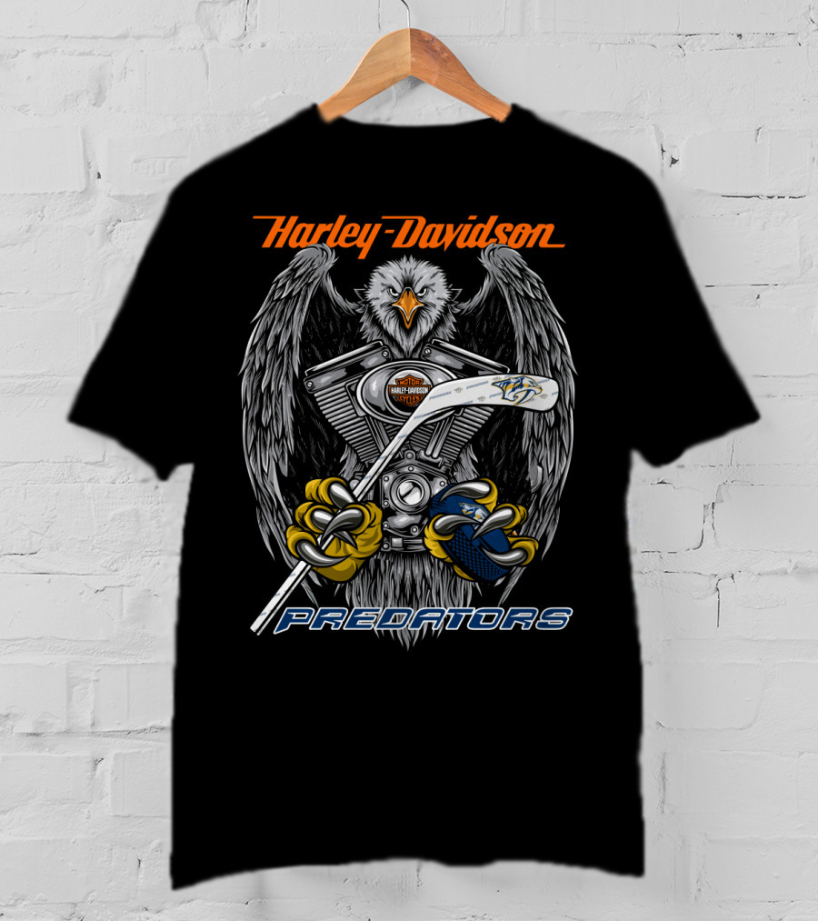 Harley Davidson Predators Nhl Eagles And Hockey Motif T-Shirt